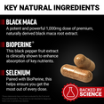 Supplement capsule with callouts for black maca, BioPerine, and selenium as key natural ingredients.