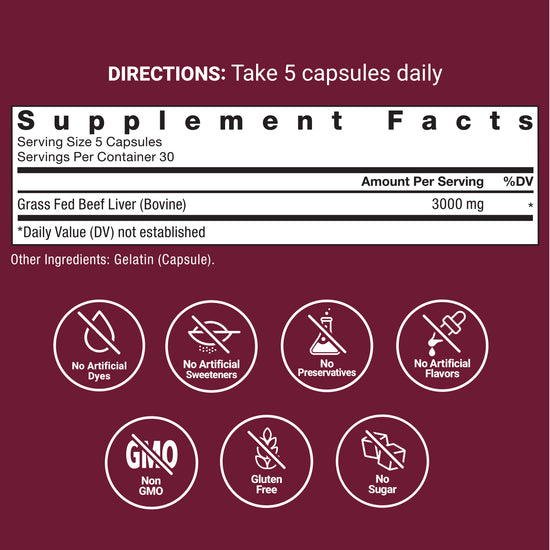 Supplement facts showing 3,000mg grass-fed beef liver per serving and icons for clean ingredient standards.