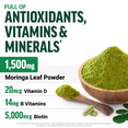 Moringa leaf powder in wooden bowl highlighting 1,500mg Moringa, Vitamin D, B Vitamins, and Biotin ingredients