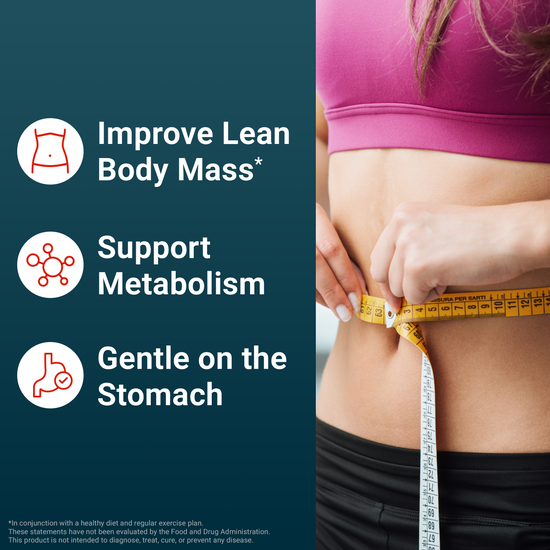 Woman measuring her waist with a tape measure, promoting improved lean body mass, metabolism support, and gentle stomach benefits