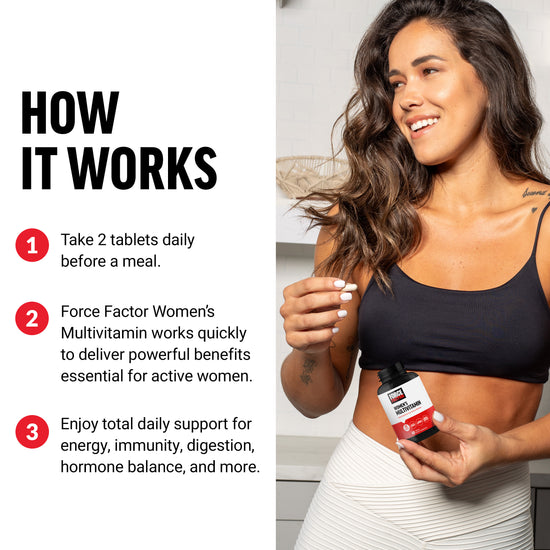 Woman holding Force Factor Women's Multivitamin with instructions on dosage and benefits for active women.