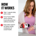 Woman taking a capsule from a supplement bottle, with text explaining dosage and wellness benefits.