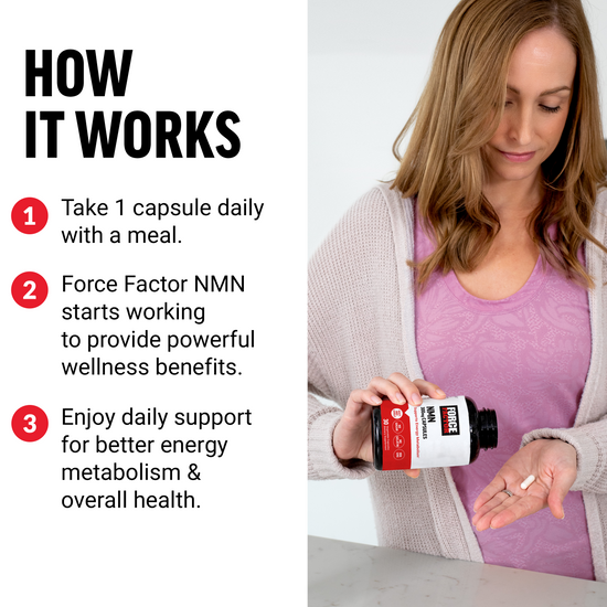 Woman taking a capsule from a supplement bottle, with text explaining dosage and wellness benefits.
