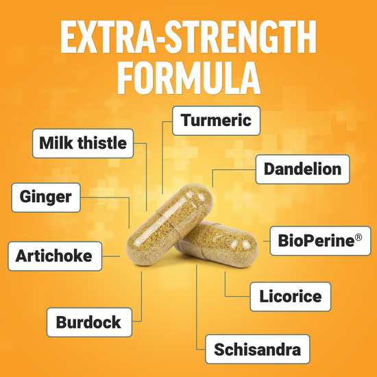 Liver supplement capsules with labeled ingredients including milk thistle, turmeric, ginger, artichoke, dandelion, and BioPerine