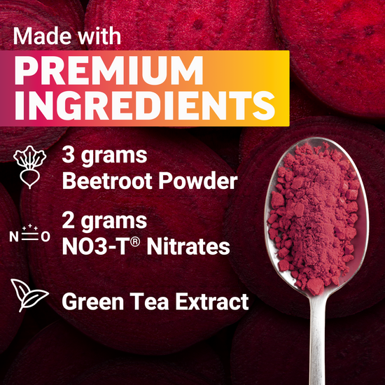 Spoon of beetroot powder on sliced beets with text highlighting beetroot powder, NO3-T nitrates, and green tea extract.