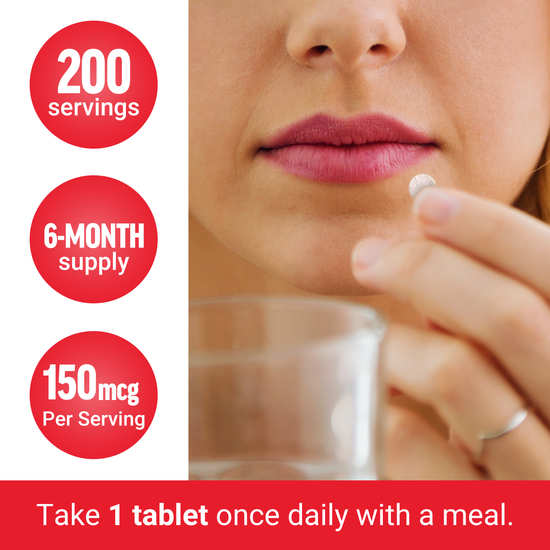 Woman holding a tablet near her lips, accompanied by serving details: 200 servings, 6-month supply, 150 mcg per serving.