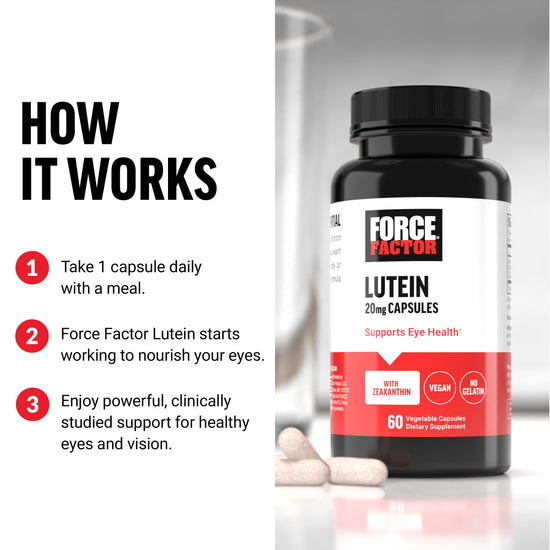 Lutein supplement bottle with instructions for daily use and benefits for eye health.