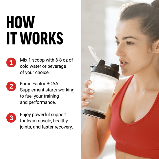 Instructions for using Force Factor BCAA Supplement with a woman holding a shaker bottle.