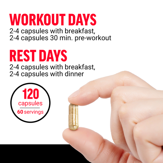 Capsule dosage instructions for workout and rest days, highlighting 120 capsules and 60 servings.