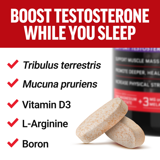 Test X180 PM formula with Tribulus terrestris, Mucuna pruriens, Vitamin D3, L-Arginine, and Boron for overnight testosterone support.
