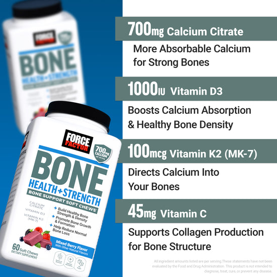 Force Factor Bone Health Plus Strength soft chews bottle listing calcium citrate, vitamin D3, vitamin K2, and vitamin C benefits