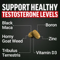Tablets labeled with ingredients Black Maca, Tribulus, Horny Goat Weed, Boron, Zinc, and Vitamin D3 for testosterone support.