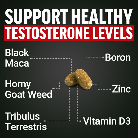 Tablets labeled with ingredients Black Maca, Tribulus, Horny Goat Weed, Boron, Zinc, and Vitamin D3 for testosterone support.