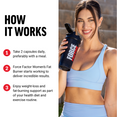Smiling woman holding Force Factor shaker bottle with How It Works instructions to take 2 capsules daily for fat-burning support