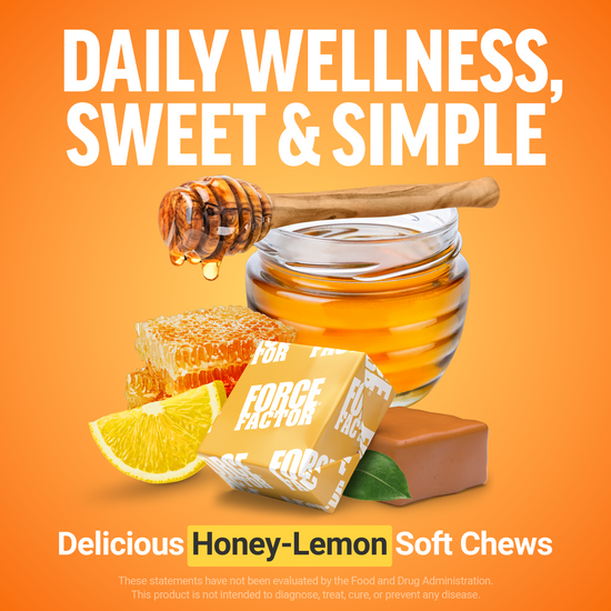 Honey-Lemon soft chews with honey, citrus, and soft chew imagery.