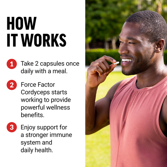 Man taking a supplement outdoors, with instructions for using Force Factor Cordyceps on the side.