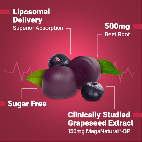 Two dark purple chews with beetroot, grapes, and benefits like liposomal delivery and 500mg beet root.