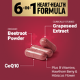 Capsules labeled with beetroot powder, grapeseed extract, CoQ10, B vitamins, hawthorn berry, and hibiscus.