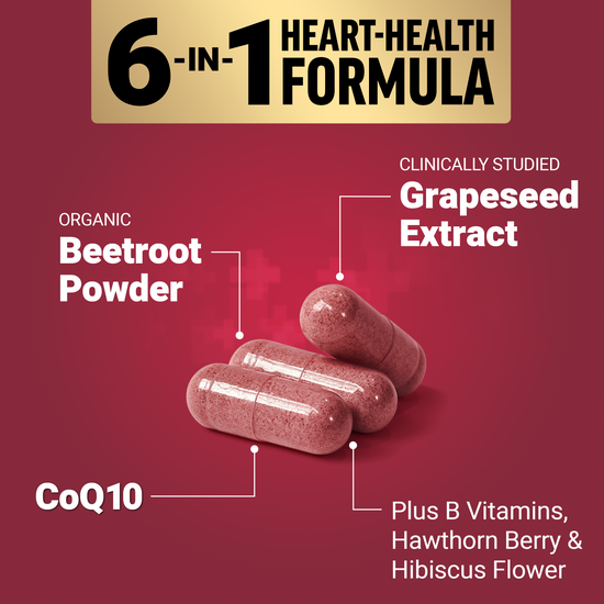 Capsules labeled with beetroot powder, grapeseed extract, CoQ10, B vitamins, hawthorn berry, and hibiscus.