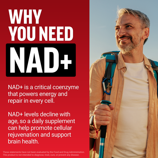 Man with hiking gear beside text explaining NAD+’s role in energy, repair, and brain health support with age.