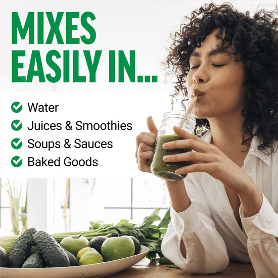 Woman drinking a green smoothie with a list of items it mixes well with, including water and juices. Fresh produce in foreground.