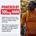 Powered by 300mg NMN graphic with smiling hiker and text on supporting NAD+ for cellular energy and repair.