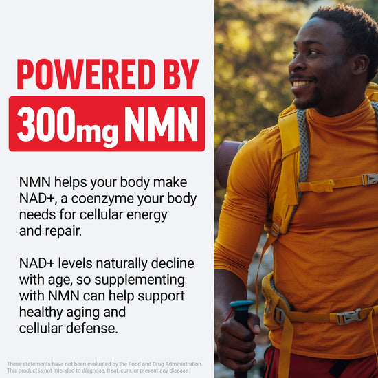 Powered by 300mg NMN graphic with smiling hiker and text on supporting NAD+ for cellular energy and repair.