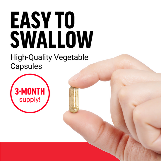 Easy-to-swallow vegetable capsule being held, emphasizing a 3-month supply.