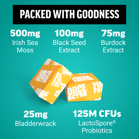 Two orange Force Factor chews with ingredient callouts including sea moss, black seed, burdock, bladderwrack, and probiotics.