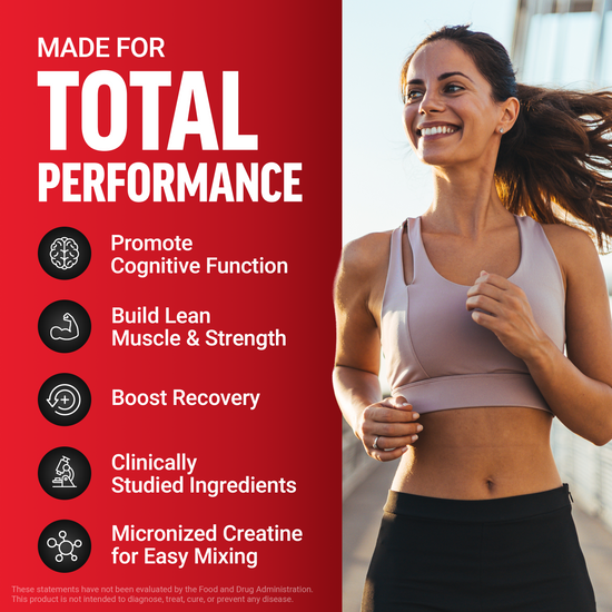 Woman jogging with icons showing supplement promotes cognitive function, lean muscle, recovery, and uses clinically studied micronized creatine