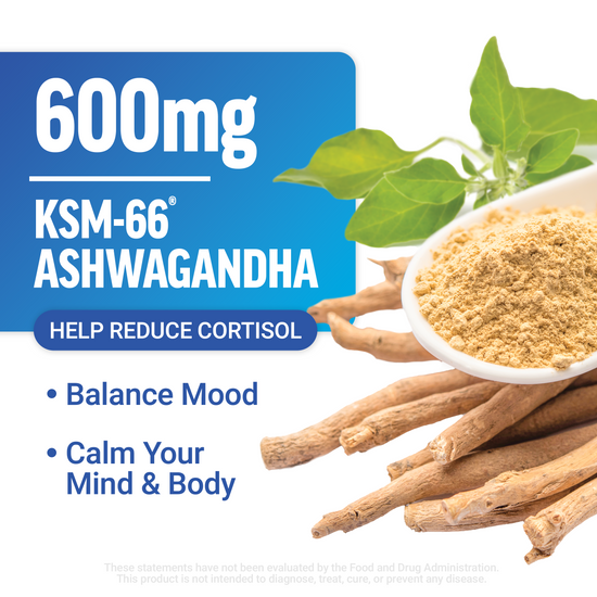 Highlight on 600mg KSM-66 Ashwagandha showing benefits for cortisol reduction and mood balance.