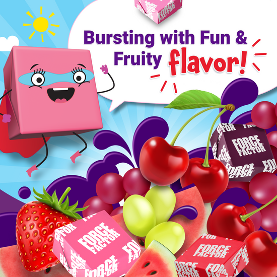 Colorful cartoon character with fruits, emphasizing "Bursting with Fun & Fruity flavor!" in a vibrant background.