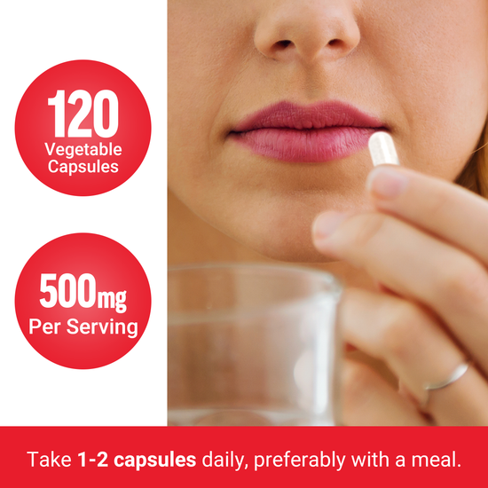 Woman holding a capsule near her lips, with 120 vegetable capsules and 500mg per serving highlighted.