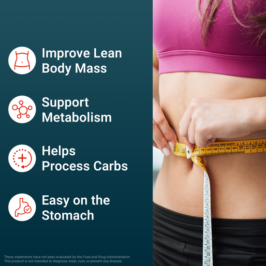 Woman measuring her waist with tape; supplement benefits for lean body mass, metabolism, and carb processing.