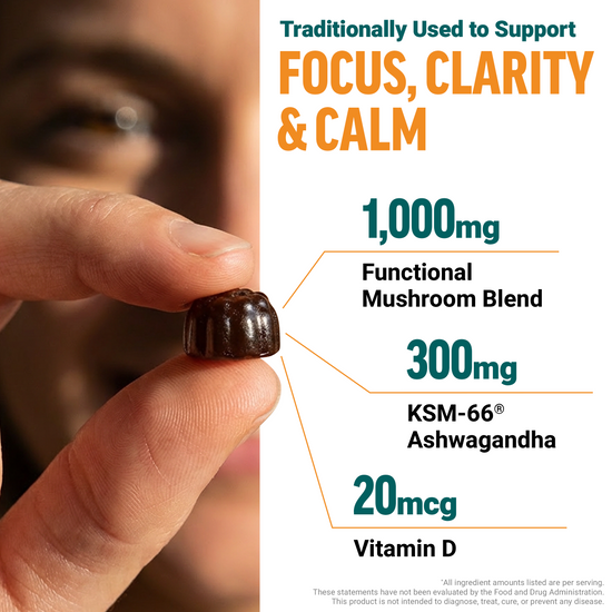 Hand holding a mushroom gummy with 1,000mg mushroom blend, 300mg KSM-66 Ashwagandha, and 20mcg Vitamin D callouts