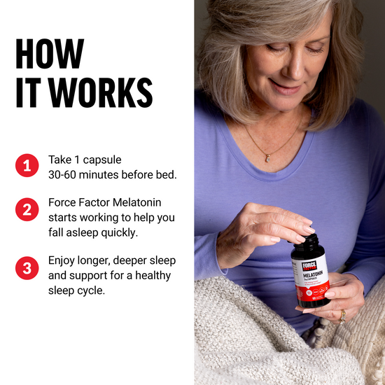 Woman taking Force Factor melatonin supplement for better sleep. Steps for usage displayed alongside.
