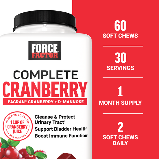 Label of Complete Cranberry bottle showing dosage, 60 soft chews, and 30 servings per container.