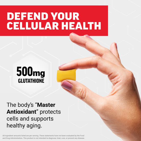 Hand holding a lemon-flavored glutathione soft chew with 500mg glutathione callout