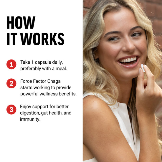 Woman smiling while holding a capsule; text outlines steps for using Force Factor Chaga supplement.