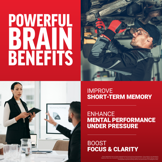 People working and training beside text promoting brain benefits including memory, focus, and performance under pressure.