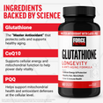 Force Factor Glutathione Longevity bottle with key ingredients: Glutathione, CoQ10, and PQQ