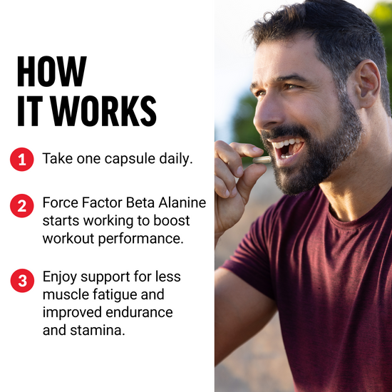 Man taking capsule outdoors with three-step instructions to take one capsule daily for less muscle fatigue, improved endurance, and stamina