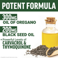 Black seed oil bottle and seeds highlighting 300mg Oil of Oregano and 200mg Black Seed Oil with carvacrol and thymoquinone