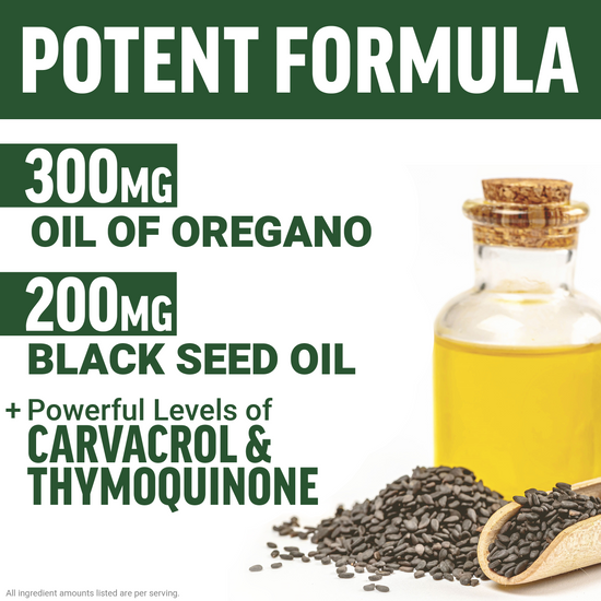 Black seed oil bottle and seeds highlighting 300mg Oil of Oregano and 200mg Black Seed Oil with carvacrol and thymoquinone