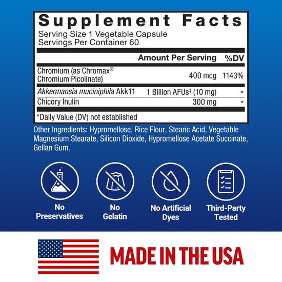 Supplement facts panel for Force Factor ProbioSlim Akkermansia capsules, made in the USA, no preservatives, third-party tested