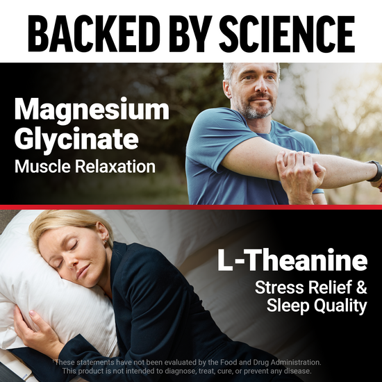 Magnesium Glycinate for muscle relaxation and L-Theanine for stress relief and sleep quality shown with active and resting individuals.