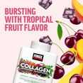 Collagen supplement bottle with tropical fruits and gummies, showcasing the flavor and variety of ingredients.