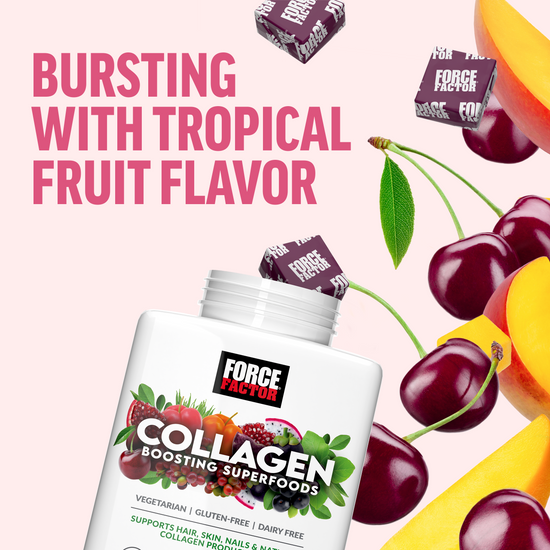 Collagen supplement bottle with tropical fruits and gummies, showcasing the flavor and variety of ingredients.