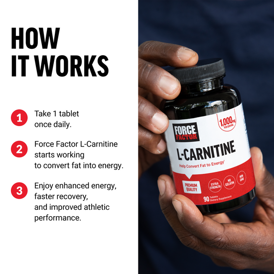 Person holding Force Factor L-Carnitine bottle beside steps showing how it works: daily use, fat conversion, improved performance.