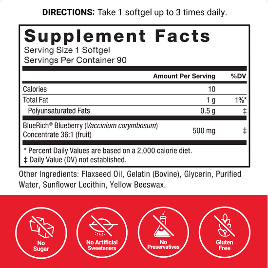 Supplement facts panel for Force Factor Blueberry Concentrate with 500mg BlueRich blueberry, no sugar, artificial sweeteners, preservatives, gluten free